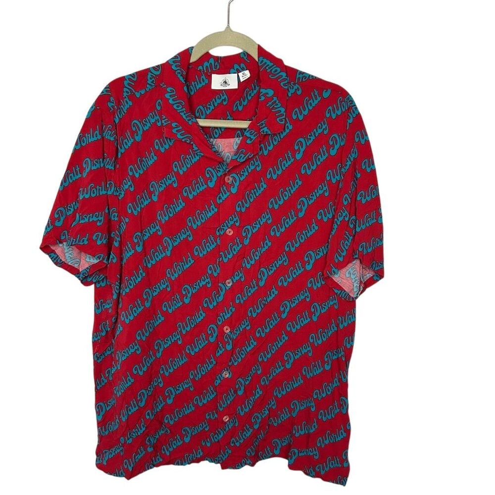 Vintage Disney Parks Unisex Graphic Print Button-Up Shirt XL Red Blue